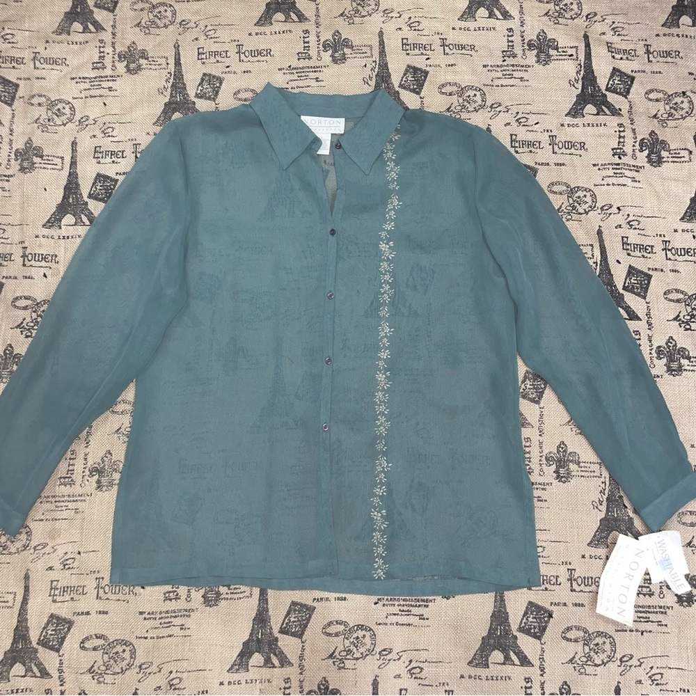 Norton Mcnaughton NWT! Eclipse See Throug Long Sleeve Button Down Blouse Size L - Picture 1 of 14